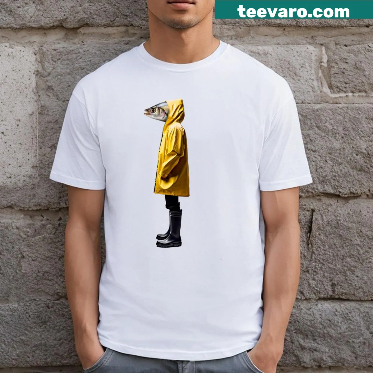Illustrated T-shirt featuring Icelandic fisherman in yellow raincoat — on a men's t-shirt