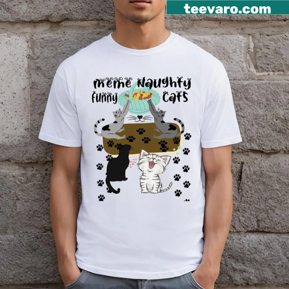 Meme Naughty And Funny Cats T-shirt with playful cat graphics — on a men's t-shirt