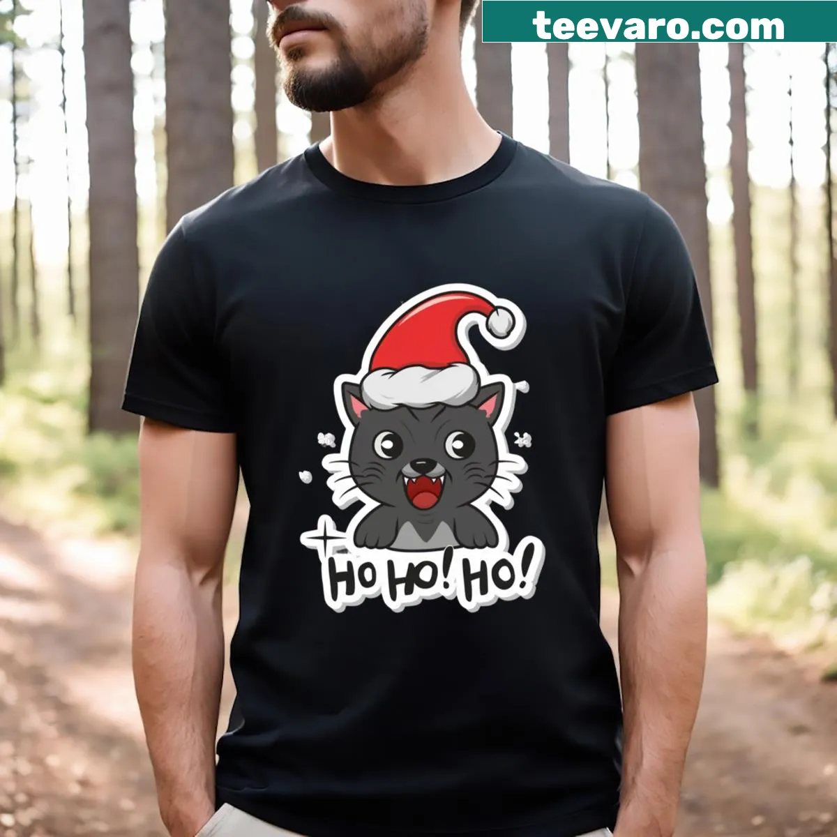 Illustrated Christmas cat t-shirt with Santa hat and festive text — on a men's t-shirt