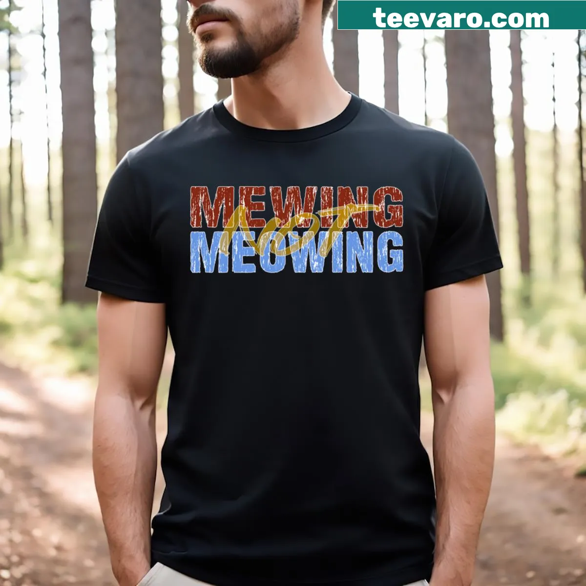 Cat-themed t-shirt featuring a playful mewing vs. meowing graphic. — on a men's t-shirt