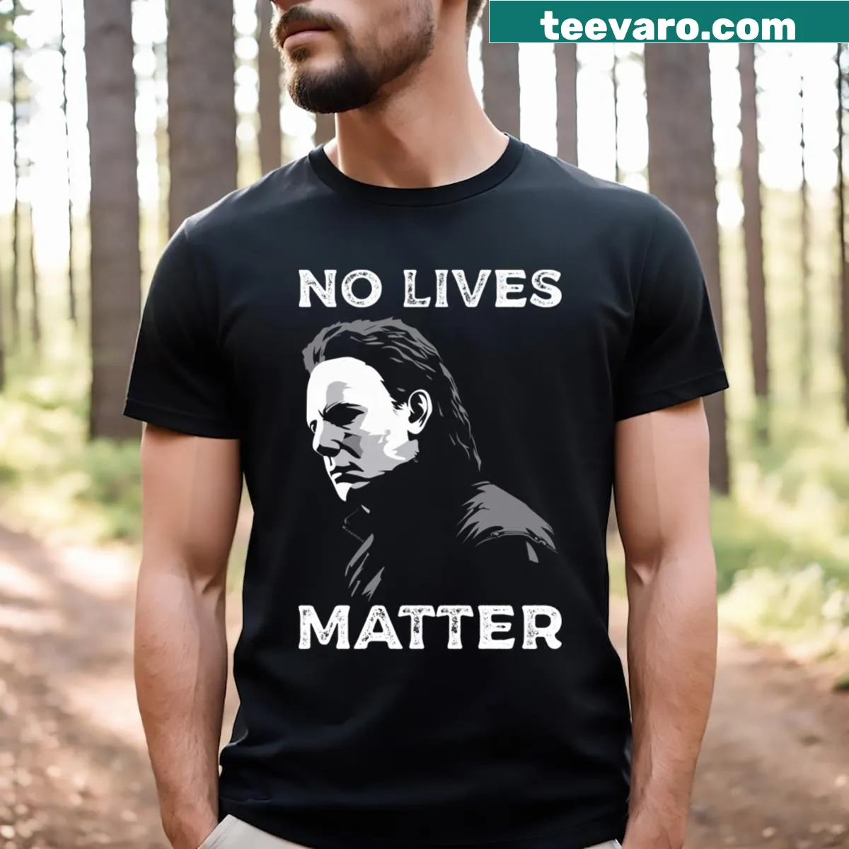T-shirt featuring a graphic of Michael Myers from horror films — on a men's t-shirt
