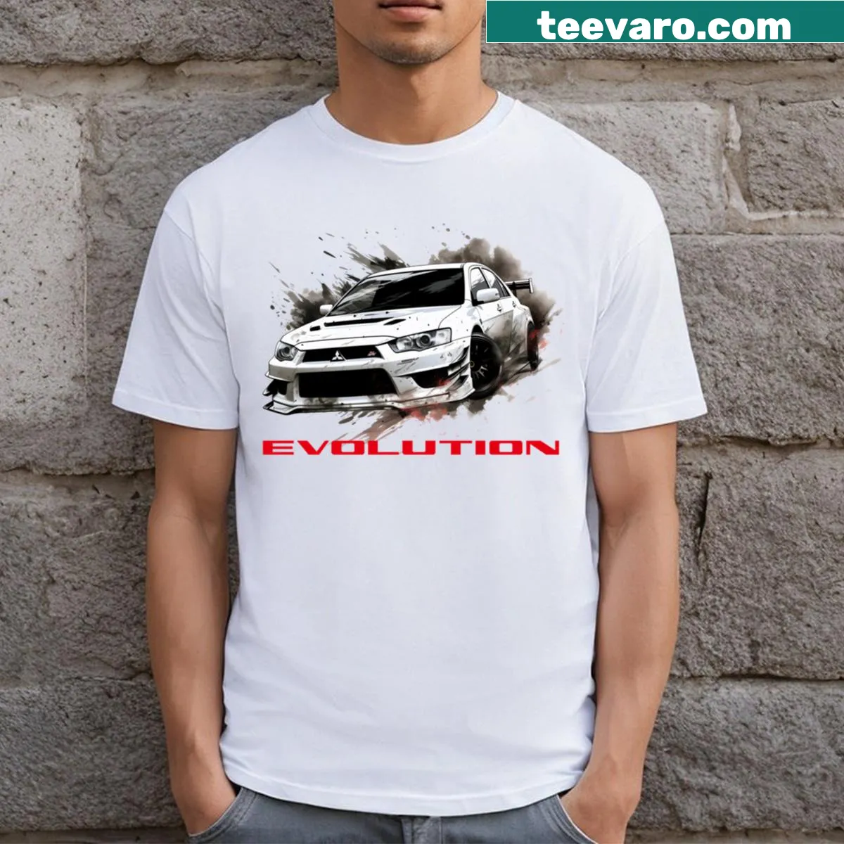 Mitsubishi Lancer Evolution t-shirt with turbocharged graphic — on a men's t-shirt