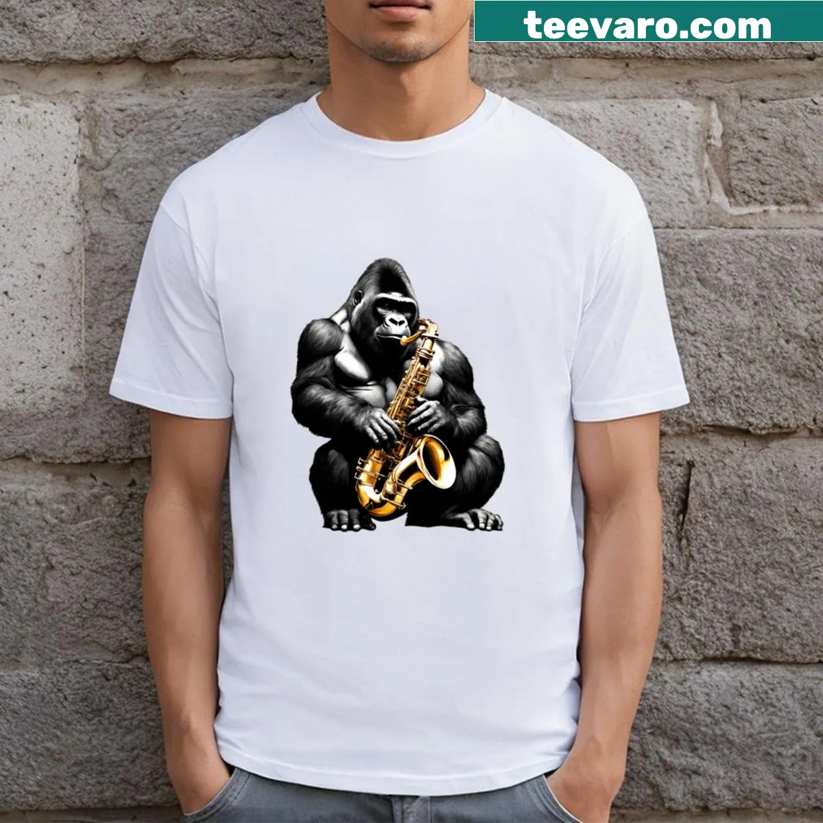 Cartoon t-shirt with a gorilla conducting an orchestra of animals — on a men's t-shirt