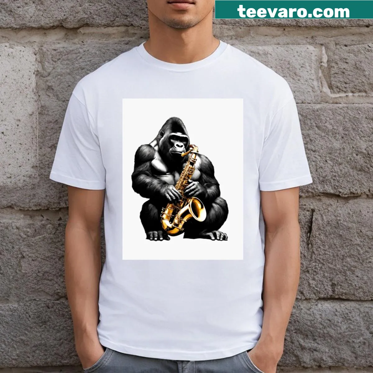 Cartoon t-shirt featuring a gorilla leading an animal orchestra — on a men's t-shirt