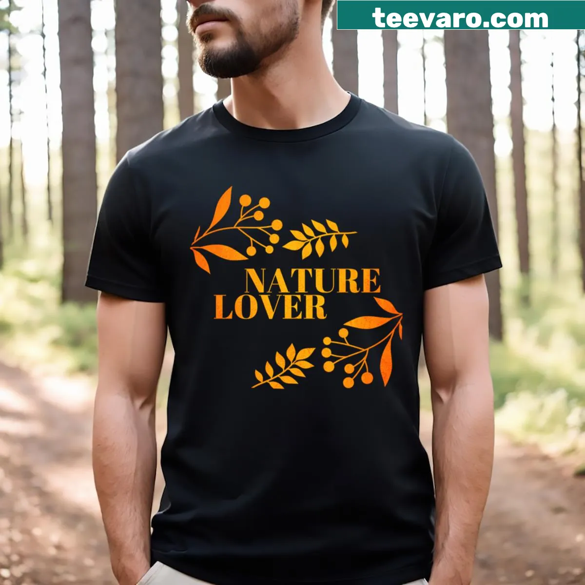Watercolor Nature Lover t-shirt with orange hues and good vibes message — on a men's t-shirt