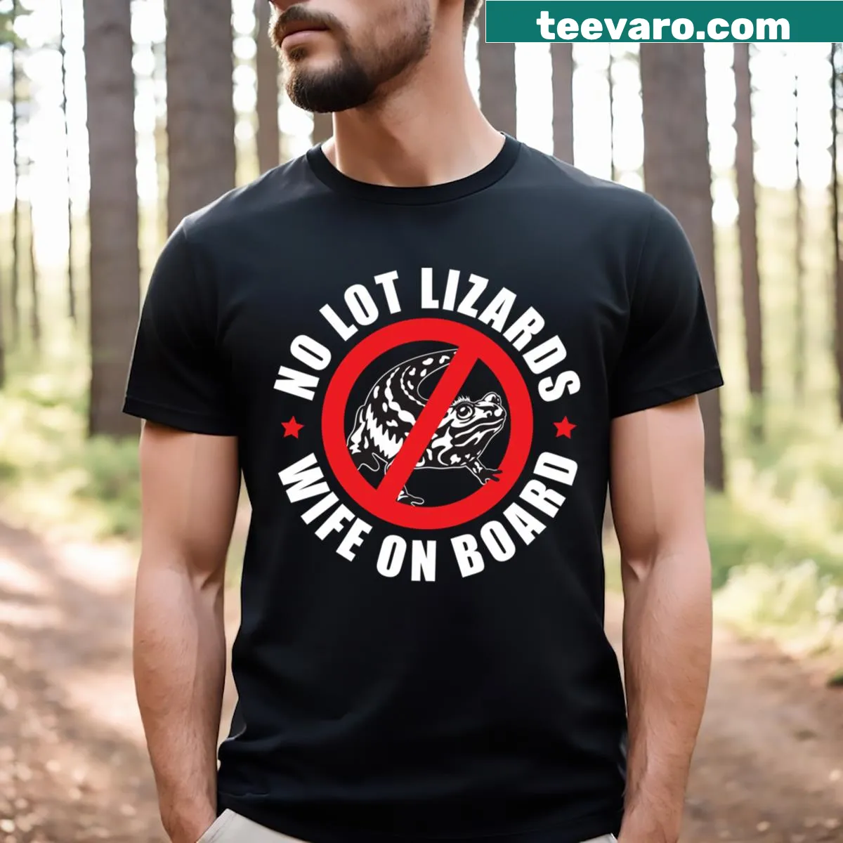 Funny T-shirt for truckers with the phrase 'No Lot Lizards Wife On Board' — on a men's t-shirt