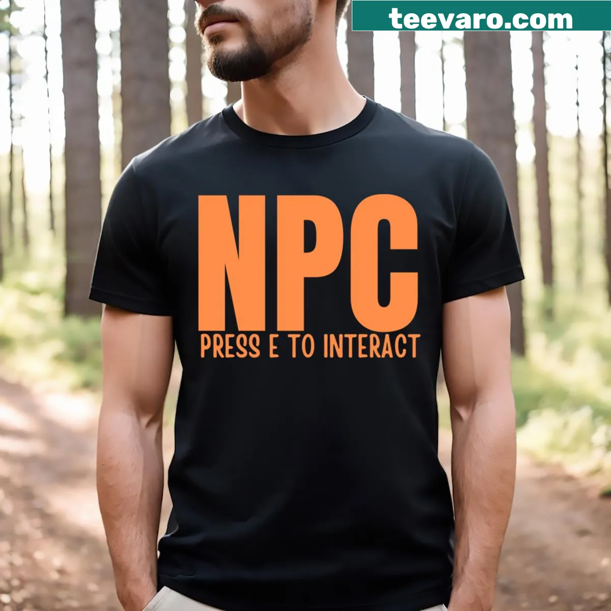 Funny gaming t-shirt with 'Press E to Interact' slogan — on a men's t-shirt