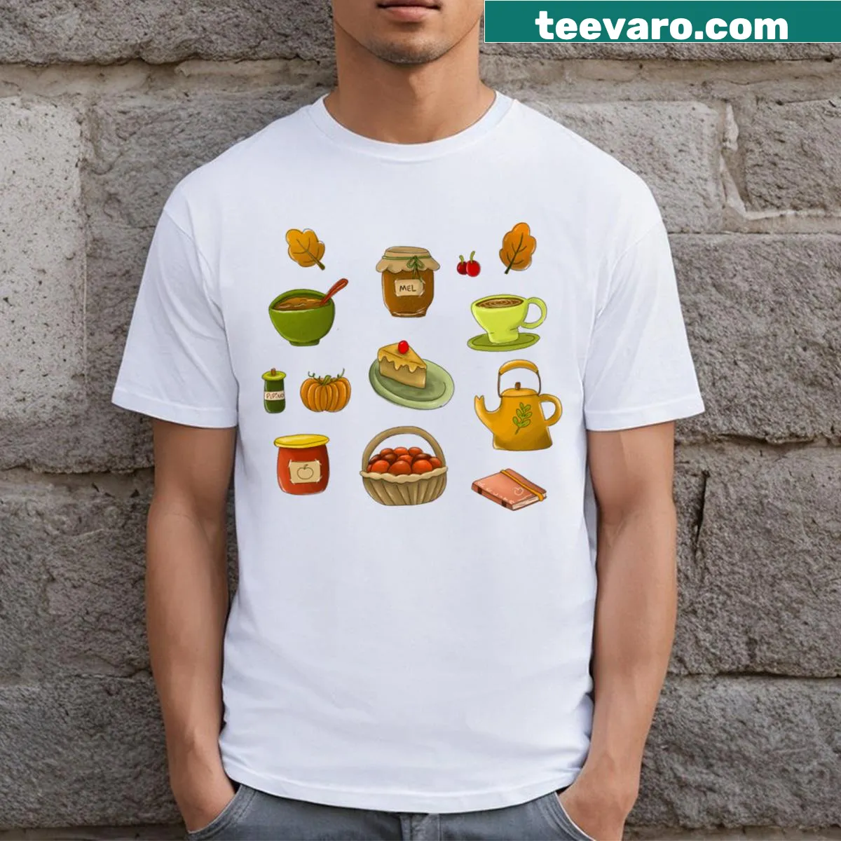 Vintage-style T-shirt with autumn-themed illustrations of old items — on a men's t-shirt
