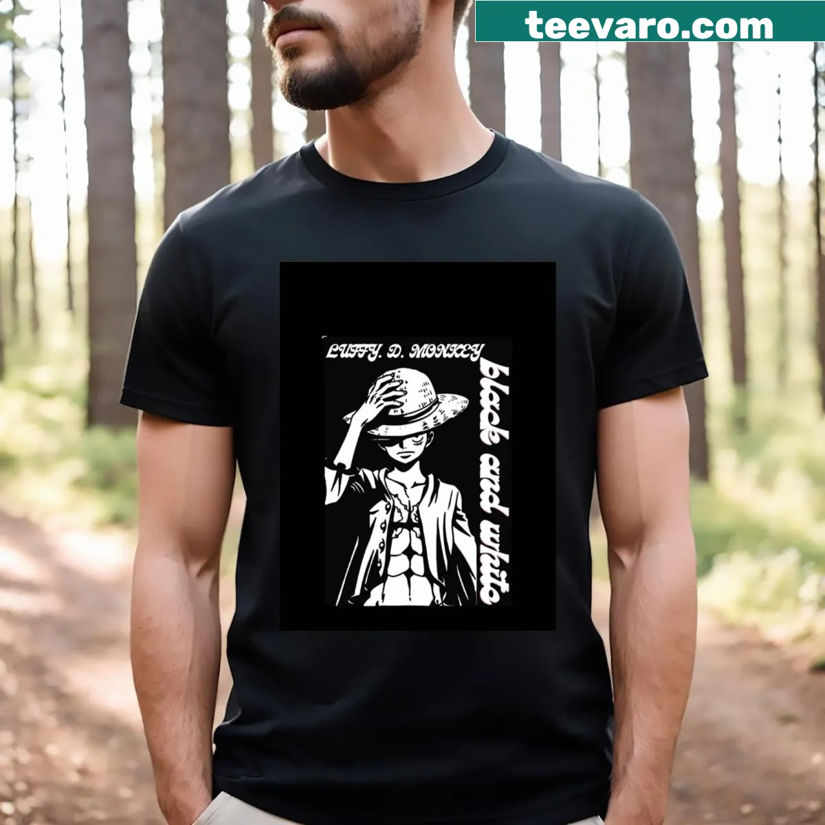 One Piece graphic T-shirt in black and white style — on a men's t-shirt