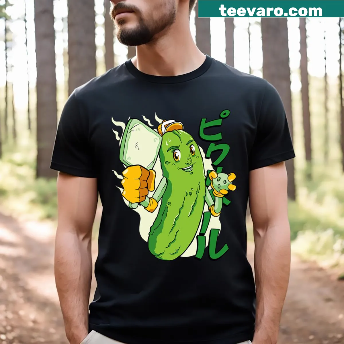 T-shirt with a pickleball graphic in anime cartoon style — on a men's t-shirt