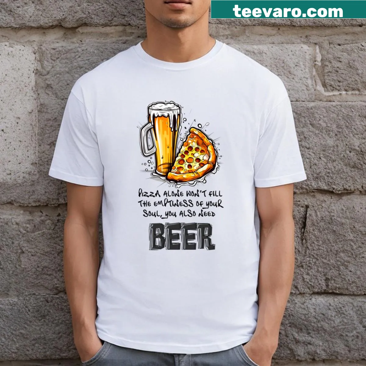 Witty typography T-shirt about pizza and beer — on a men's t-shirt