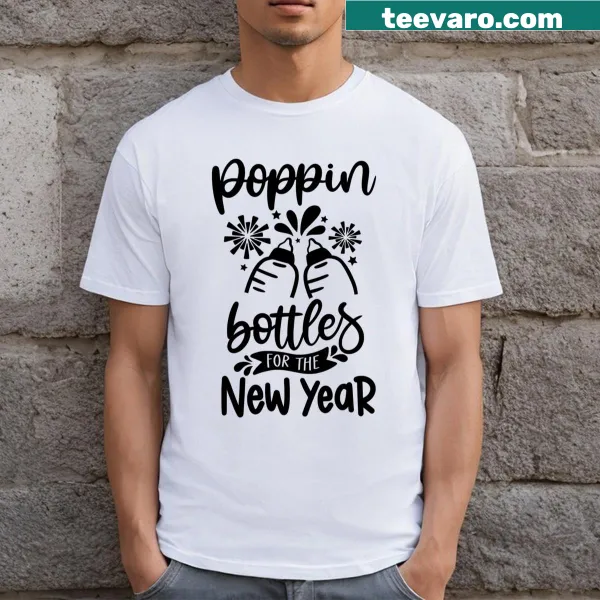 Playful typography T-shirt celebrating New Year with bottles