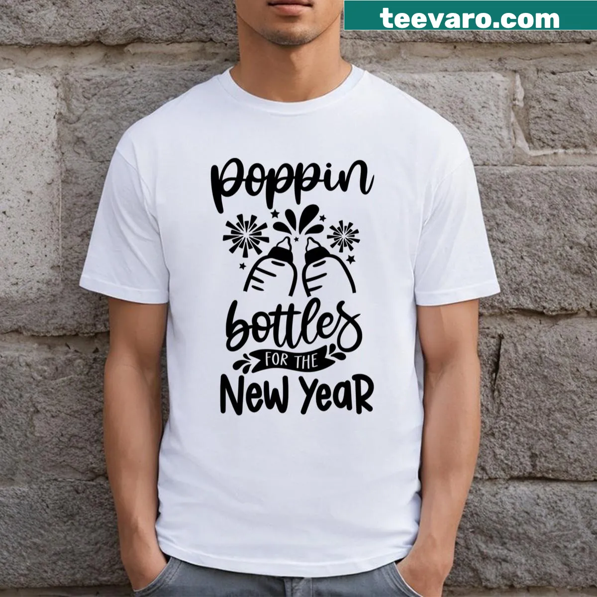Playful typography T-shirt celebrating New Year with bottles — on a men's t-shirt