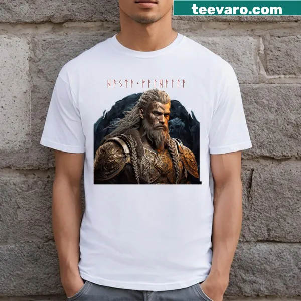 Illustration of a Norse warrior with runes on a T-shirt
