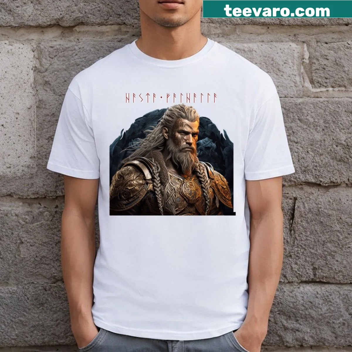 Illustration of a Norse warrior with runes on a T-shirt — on a men's t-shirt