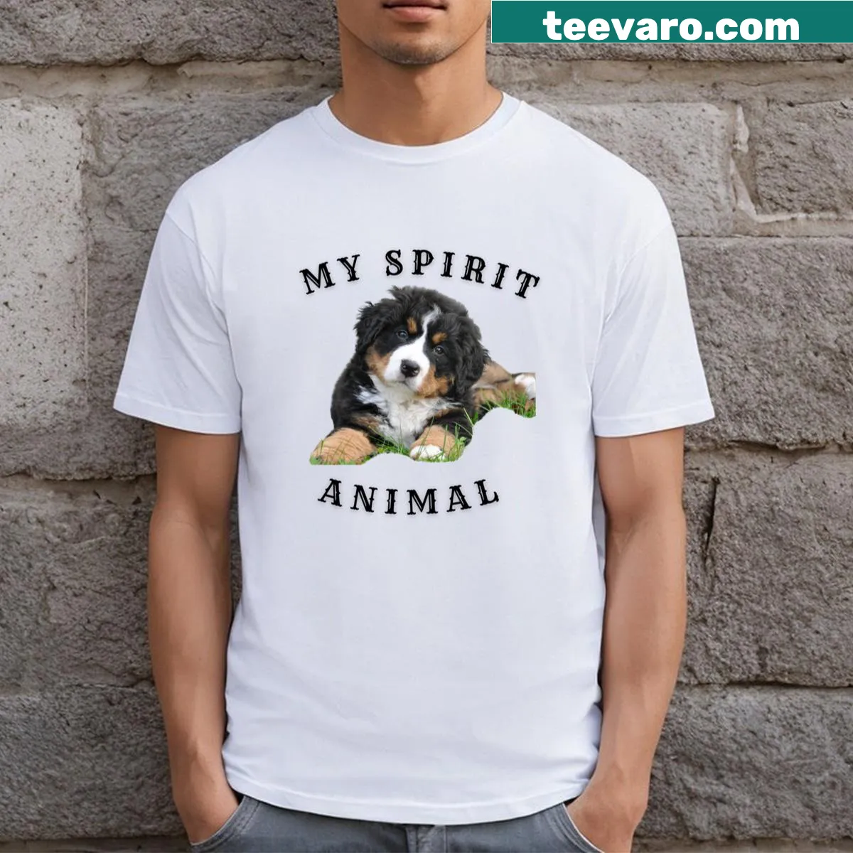 Funny pug t-shirt with cartoon design celebrating pugs as spirit animals — on a men's t-shirt