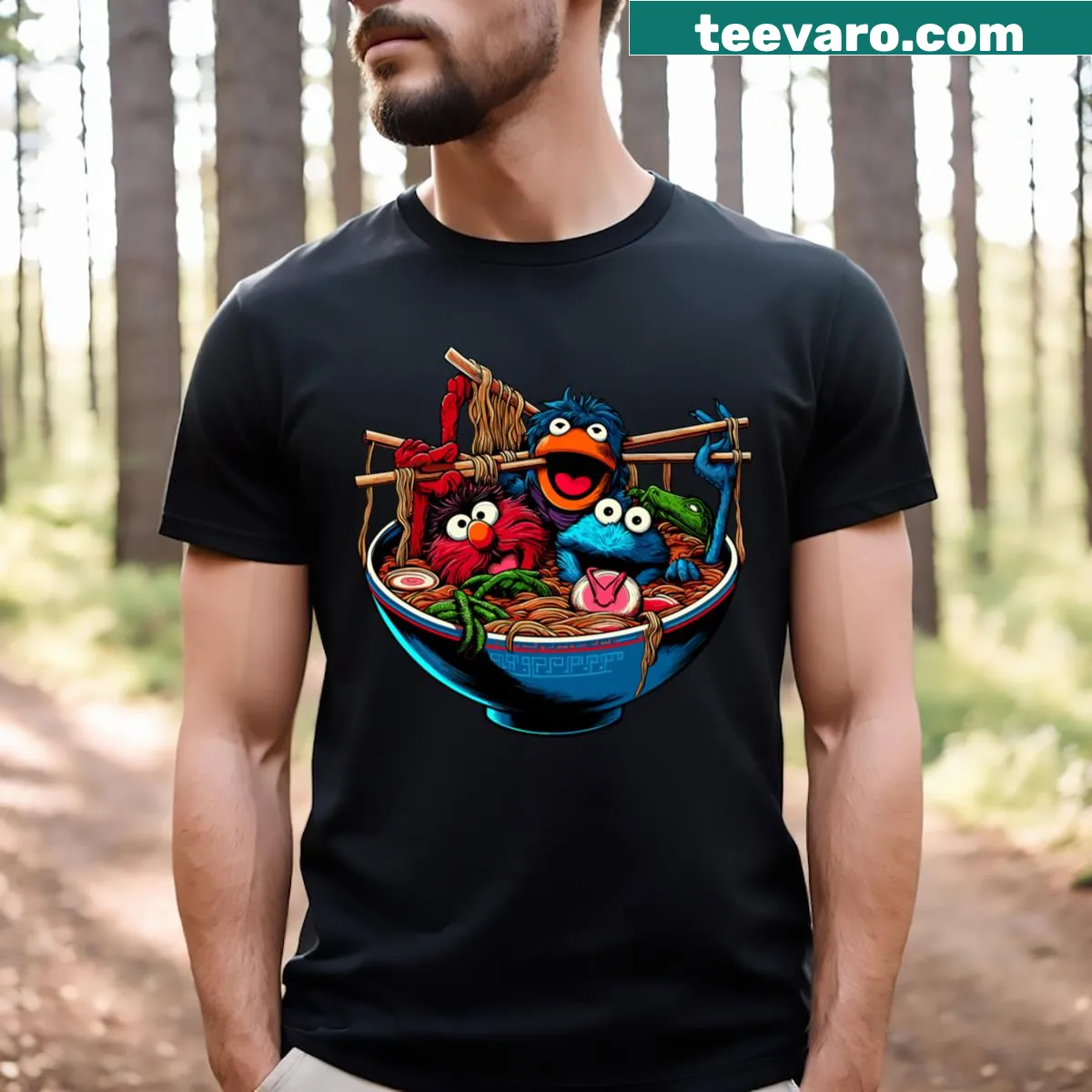 Cartoon graphic of a muppet enjoying ramen on t-shirt. — on a men's t-shirt