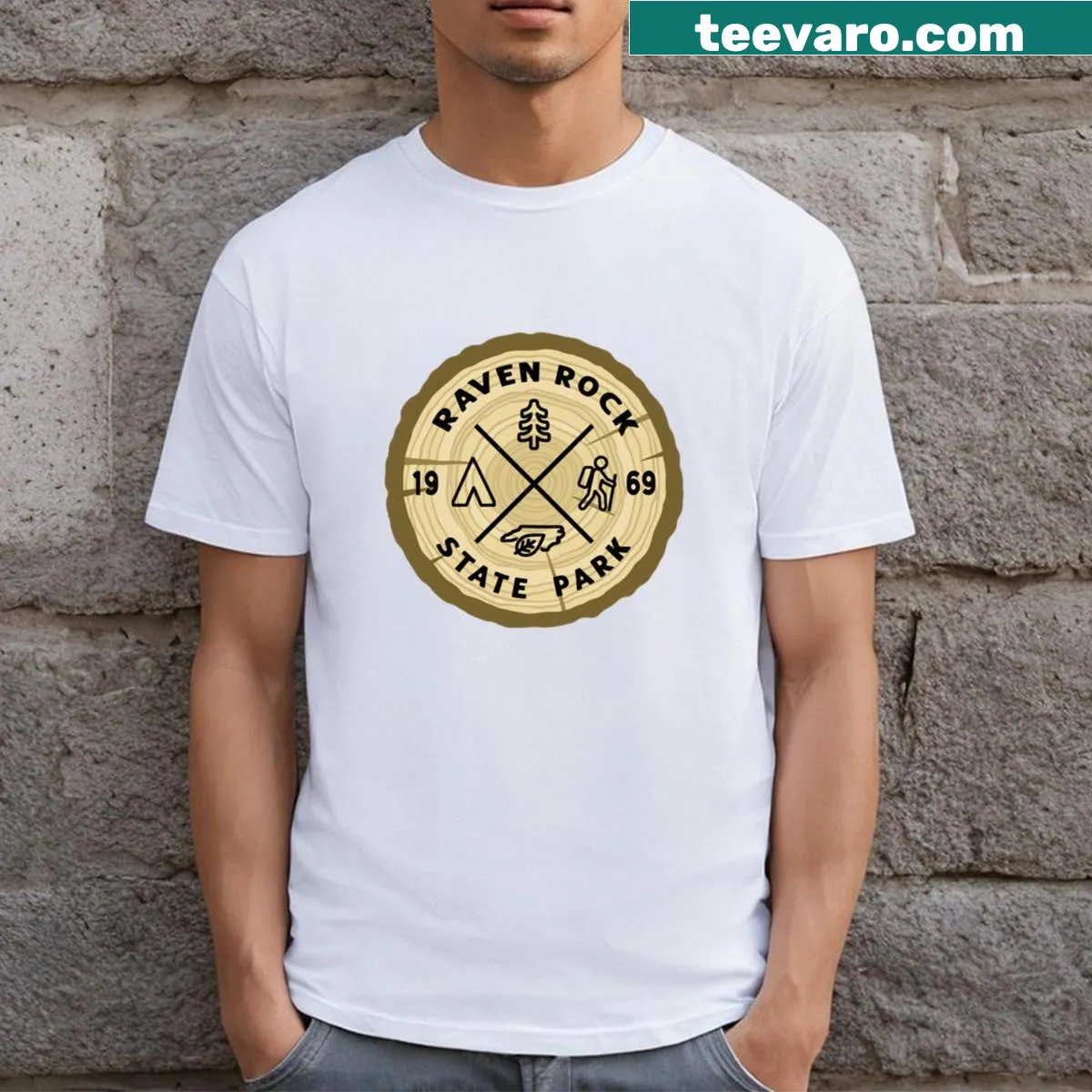 Raven Rock State Park T-shirt with badge-style emblem — on a men's t-shirt