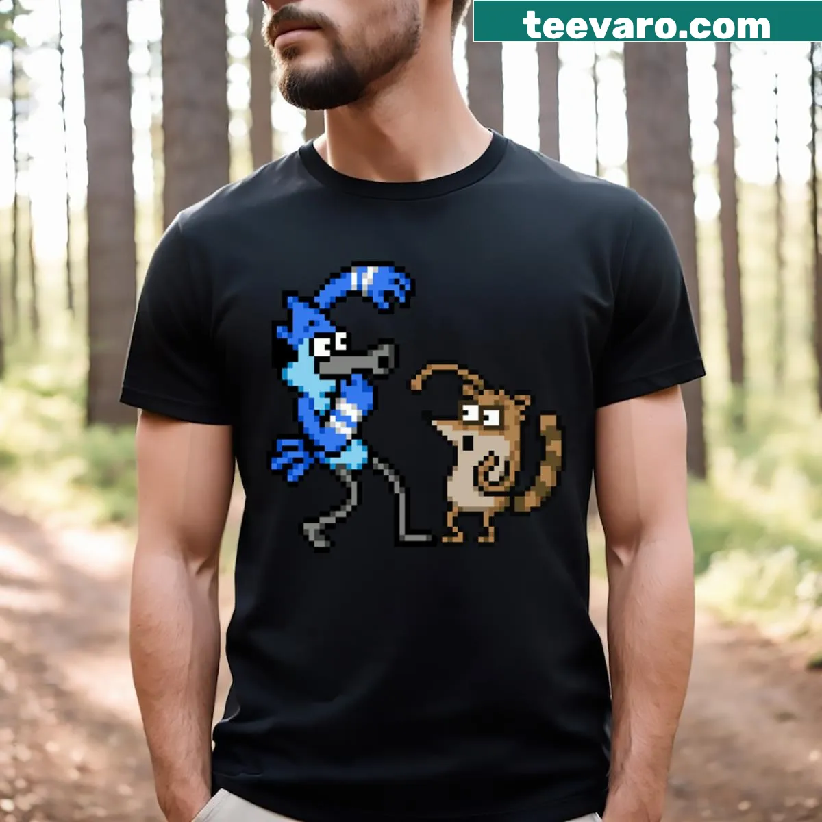 Retro pixel art t-shirt featuring Mordecai and Rigby from Regular Show — on a men's t-shirt