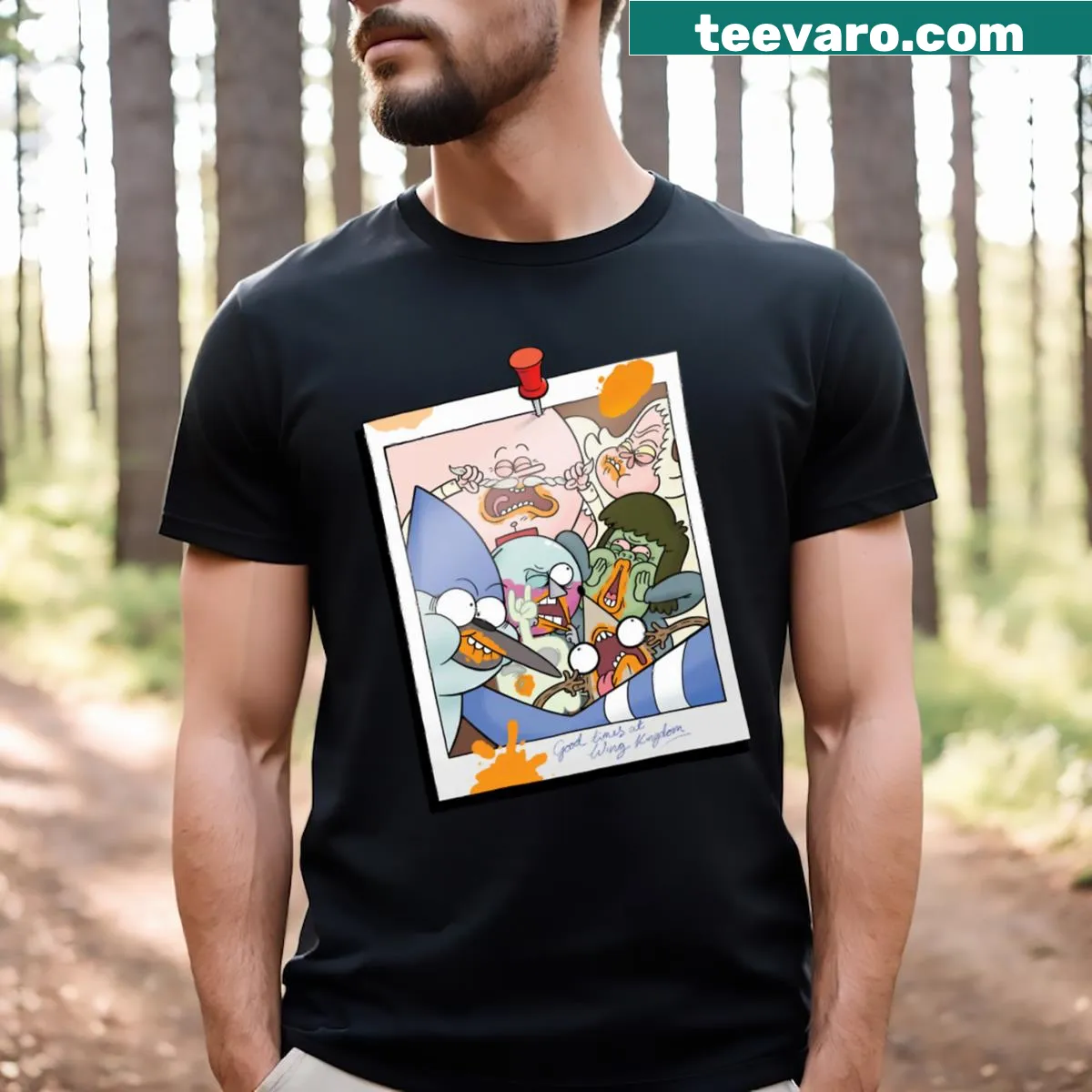 Vintage inspired Regular Show Wing Kingdom t-shirt graphic — on a men's t-shirt