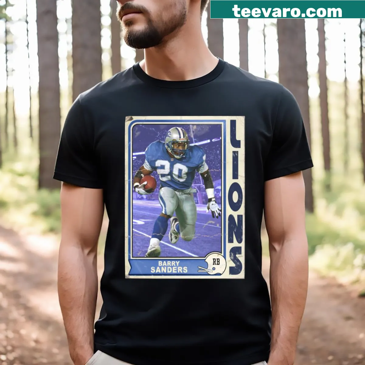 Illustration of Barry Sanders inspired by vintage football cards — on a men's t-shirt