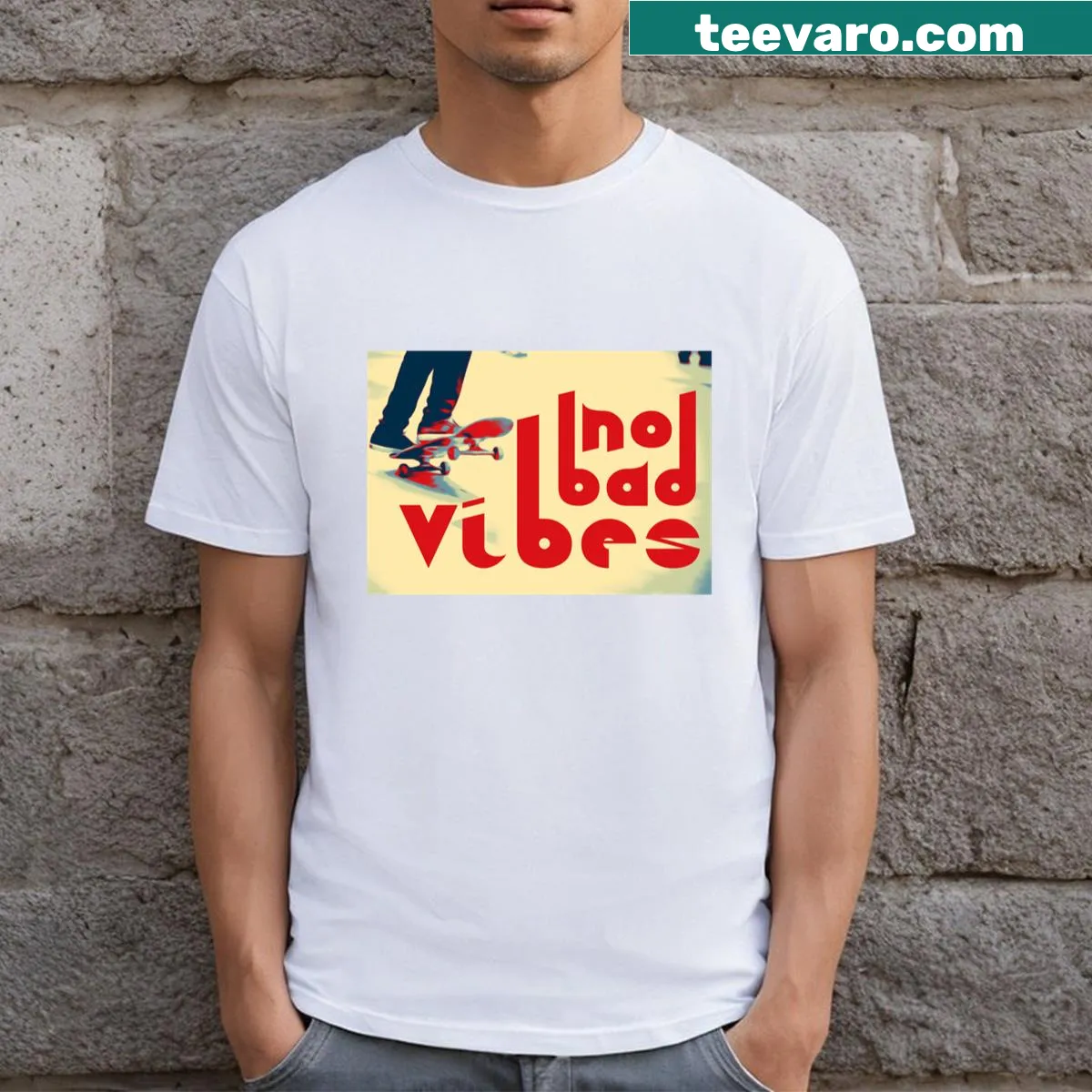 Retro T-shirt featuring No Bad Vibes slogan for skate culture — on a men's t-shirt