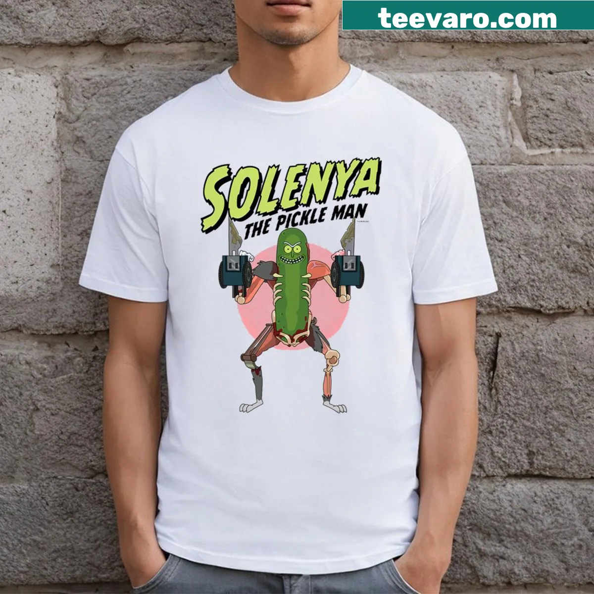 Rick and Morty Pickle Man cartoon T-shirt — on a men's t-shirt