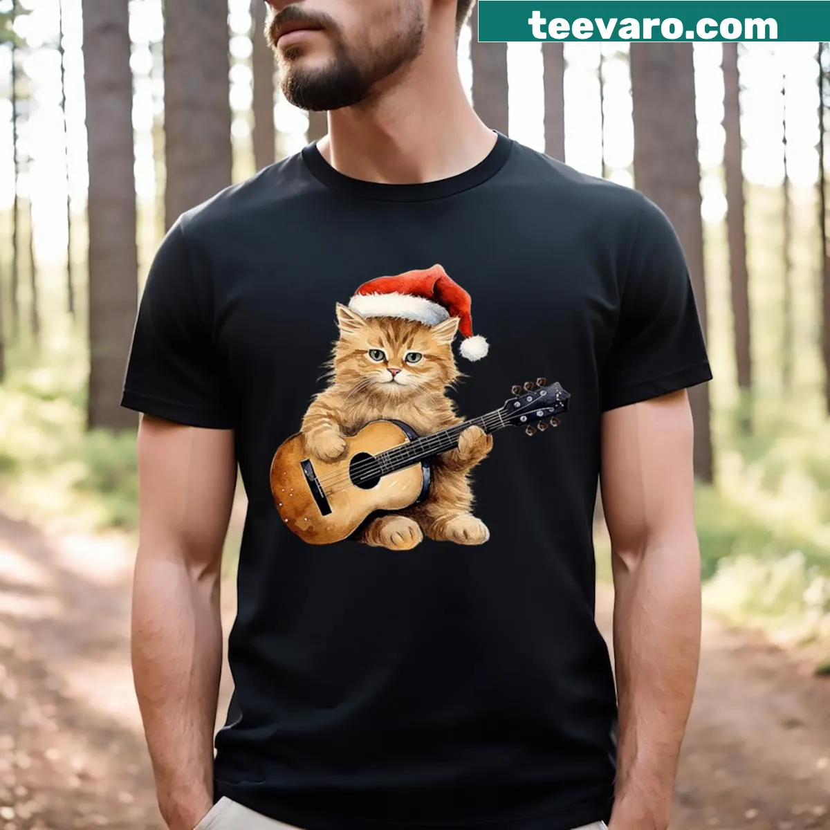 Cute cartoon cat playing guitar in a Christmas-themed t-shirt — on a men's t-shirt