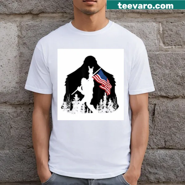 Bigfoot character in sunglasses with a rock and roll theme T-shirt