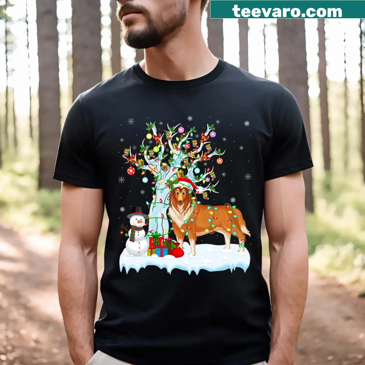 Rough Collie Christmas t-shirt with a festive tree and lights illustration — on a men's t-shirt