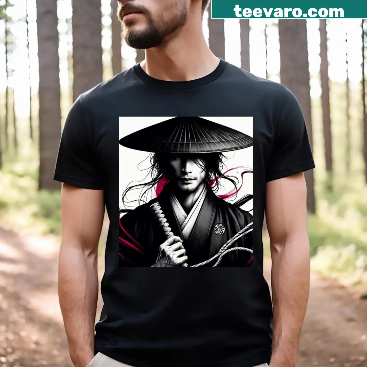 Illustrated t-shirt featuring a samurai blade symbolizing honor — on a men's t-shirt