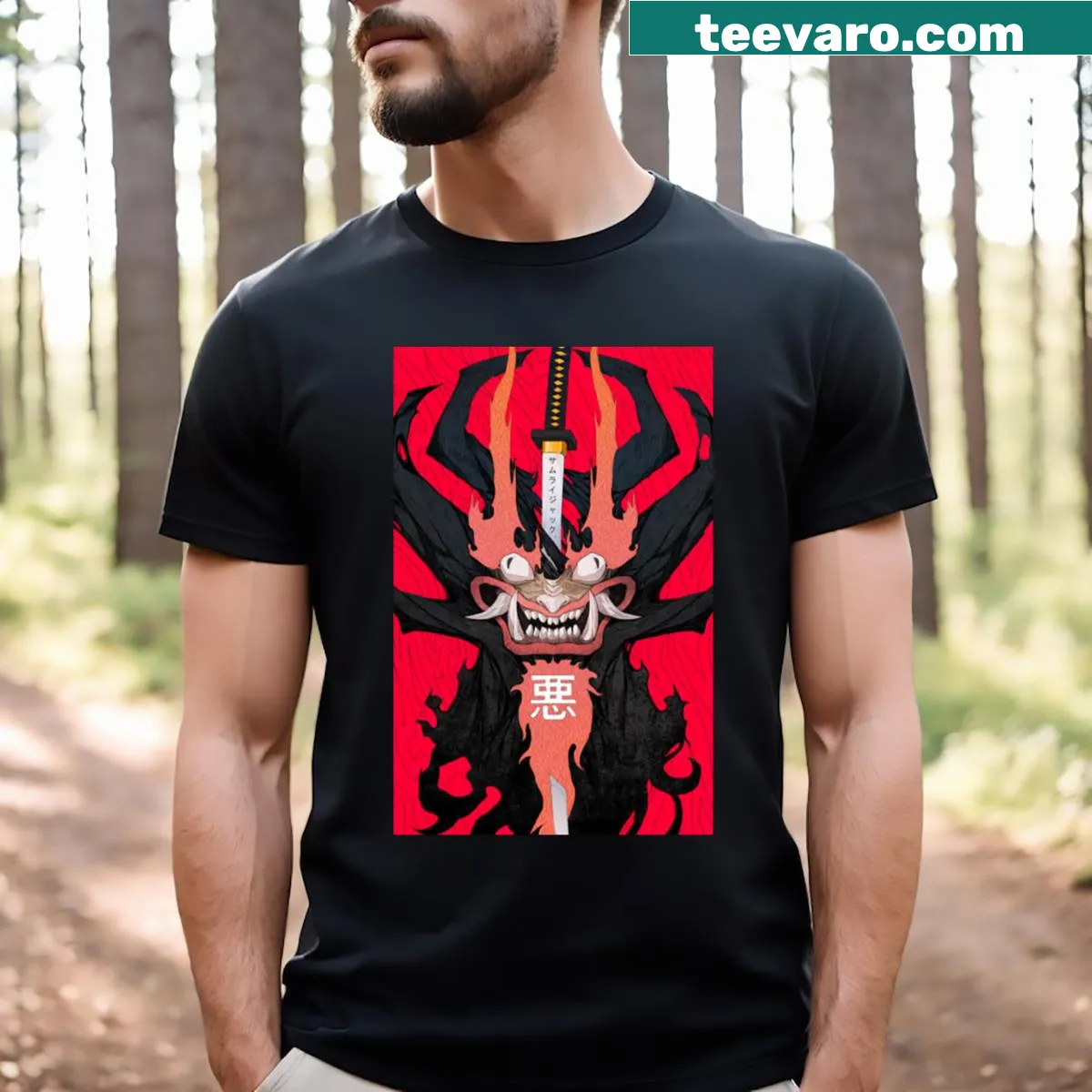 Illustrated t-shirt featuring Samurai Jack and his fight against evil — on a men's t-shirt