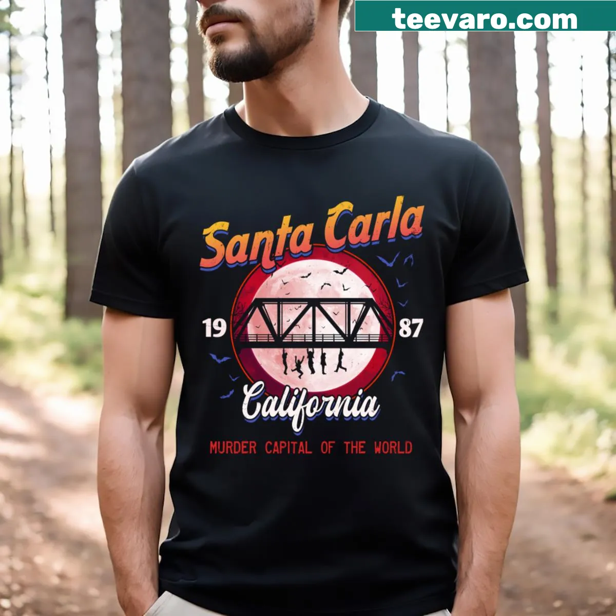 Santa Carla Lost Boys t-shirt featuring iconic imagery from the film — on a men's t-shirt