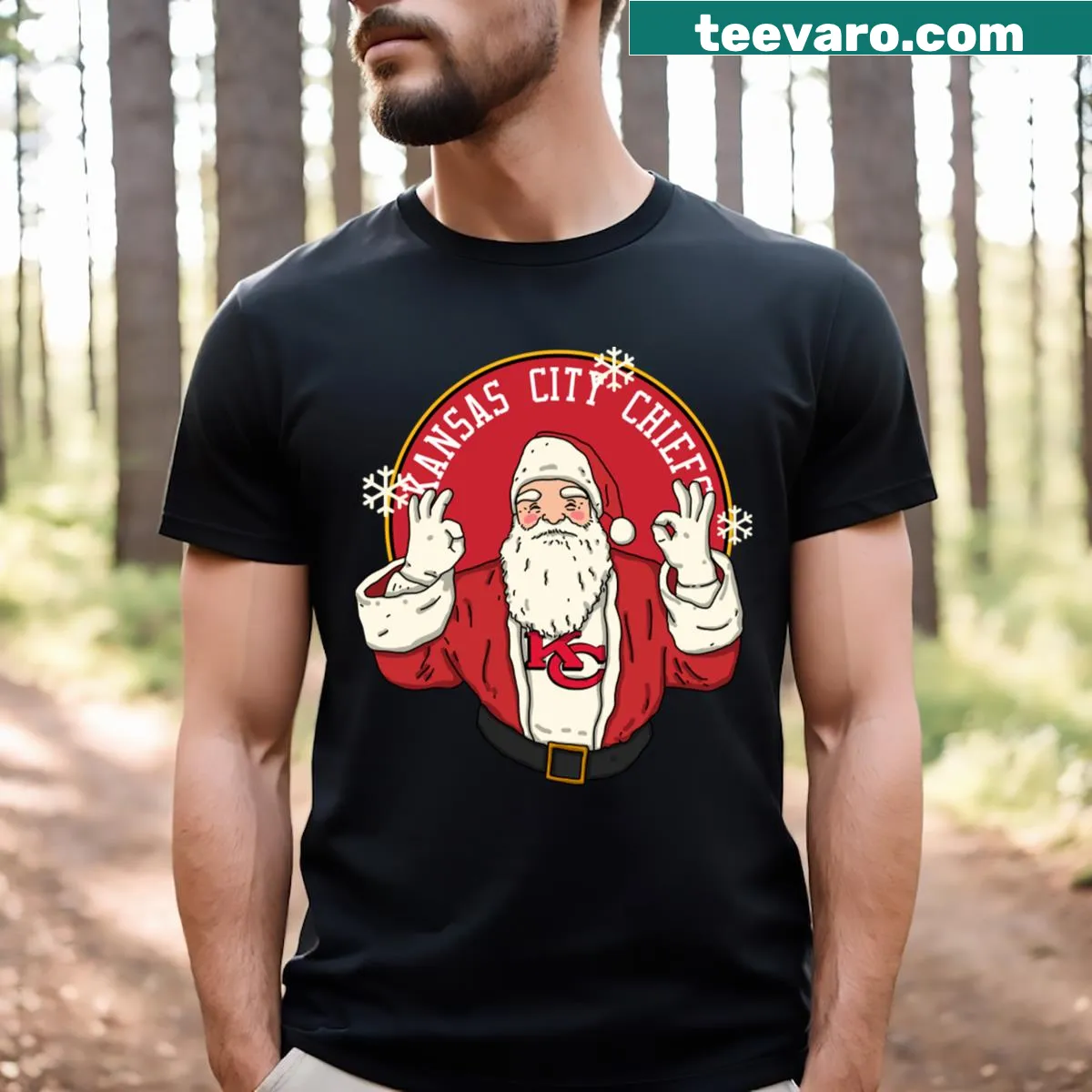 Santa Claus t-shirt featuring Kansas City Chiefs theme — on a men's t-shirt