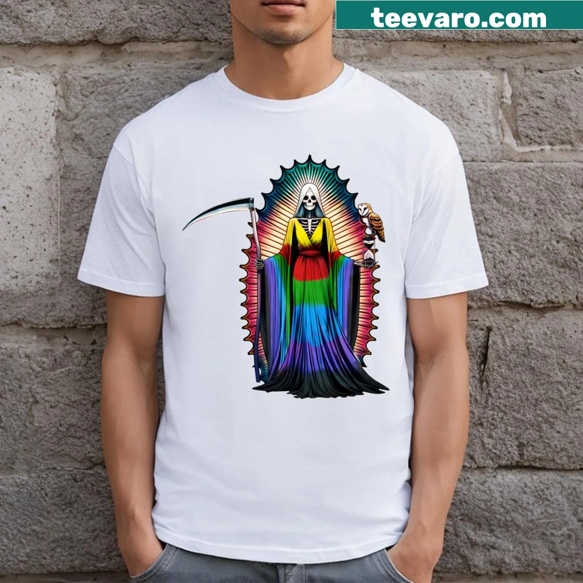 Illustrated t-shirt featuring Santa Muerte and the Seven Powers — on a men's t-shirt