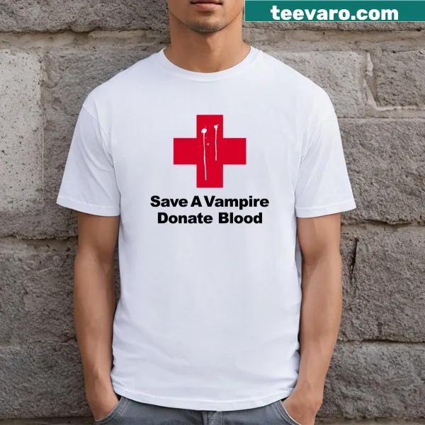 Funny blood donation t-shirt with vampire-themed slogan