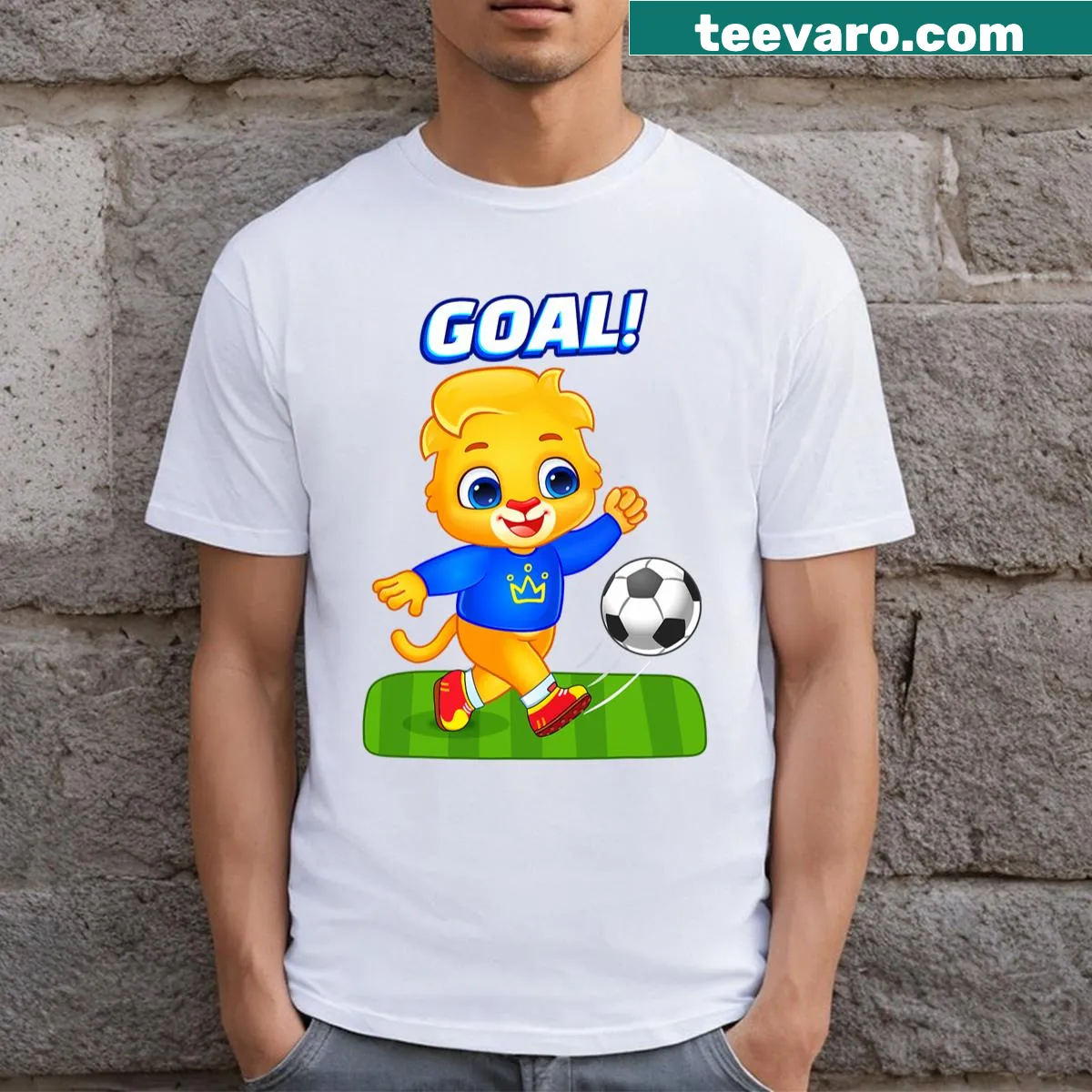 Vintage soccer graphic tee featuring a player in action with playful text. — on a men's t-shirt