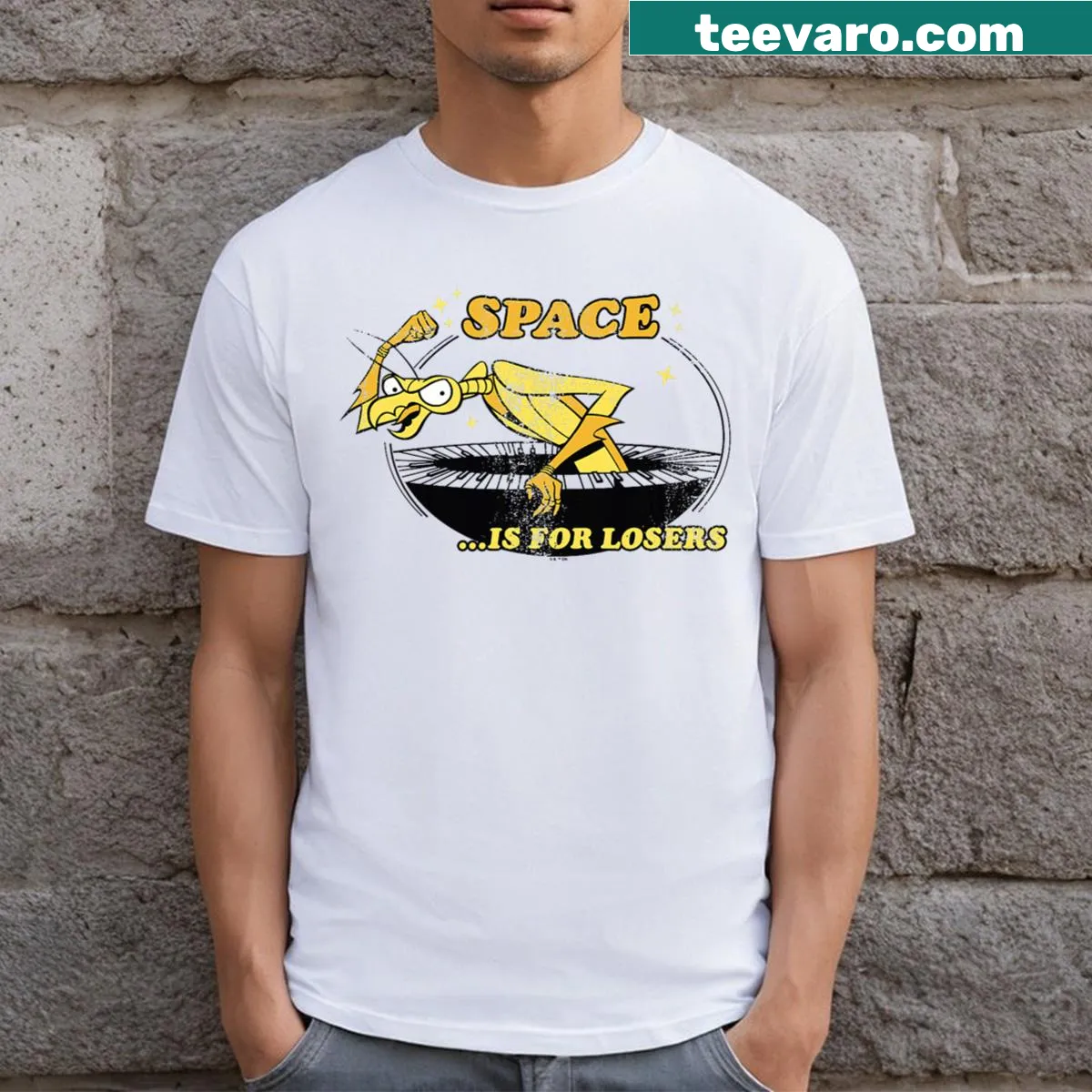 Distressed vintage T-shirt featuring Zorak stating 'Space Is For Losers'. — on a men's t-shirt