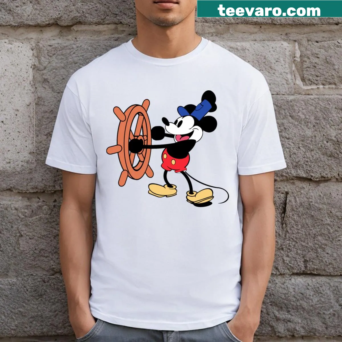 Cartoon T-shirt featuring the iconic Steamboat Willie character — on a men's t-shirt