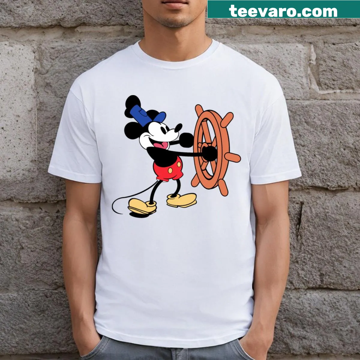 Classic Steamboat Willie character illustration T-shirt — on a men's t-shirt