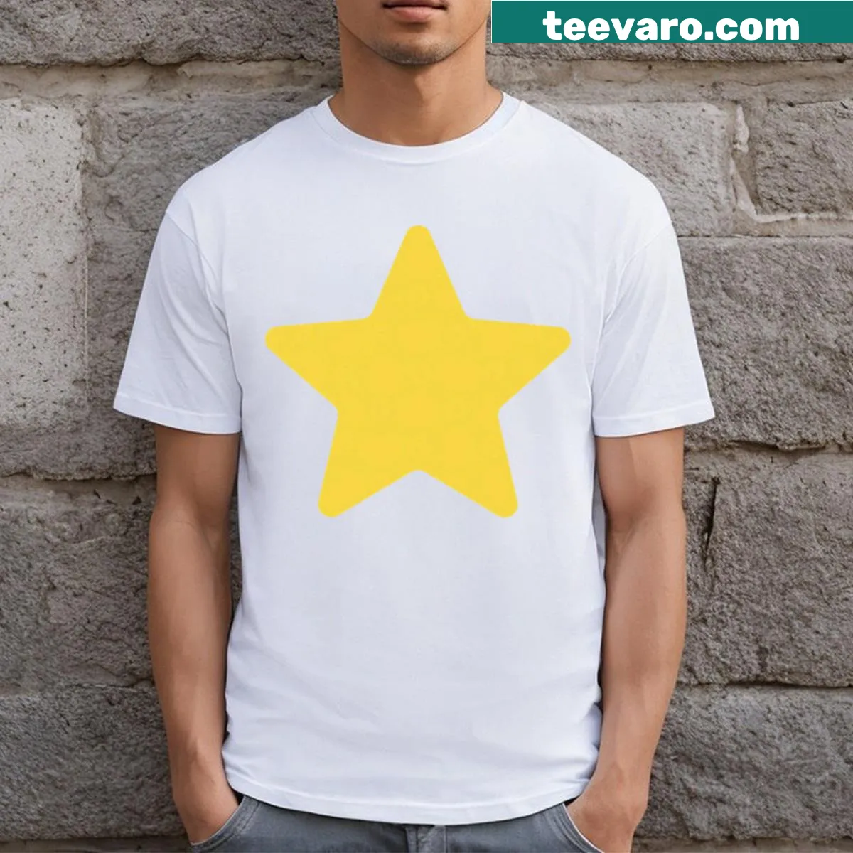 Whimsical T-shirt featuring the character Steven Star among cosmic elements — on a men's t-shirt