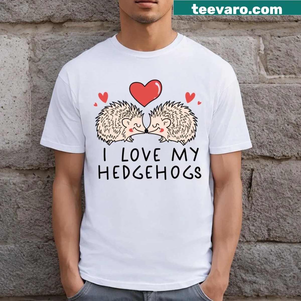Illustration of hedgehogs with 'I Love My Hedgehogs' text — on a men's t-shirt