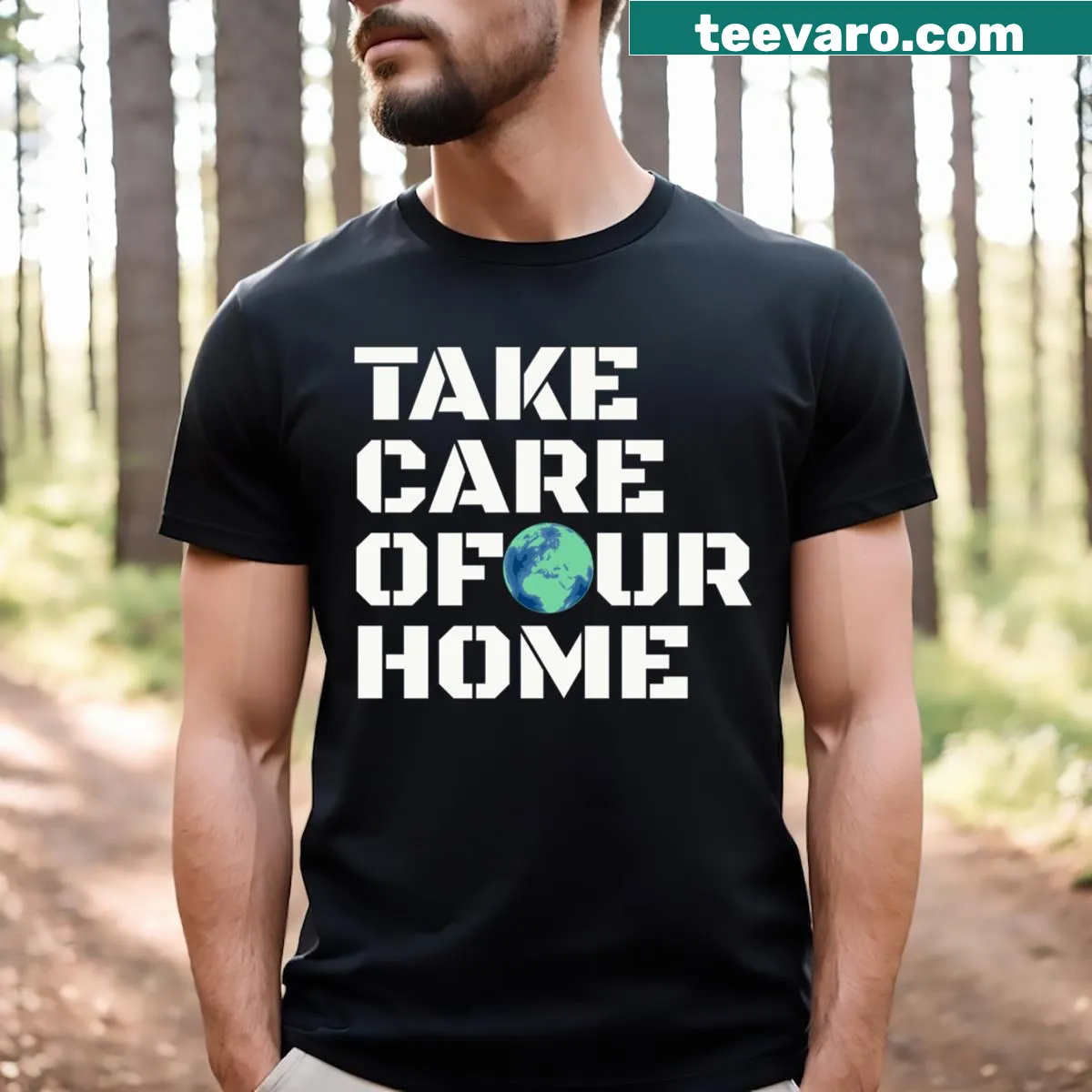 T-shirt featuring the phrase 'Take Care Of Our Planet' in bold typography — on a men's t-shirt