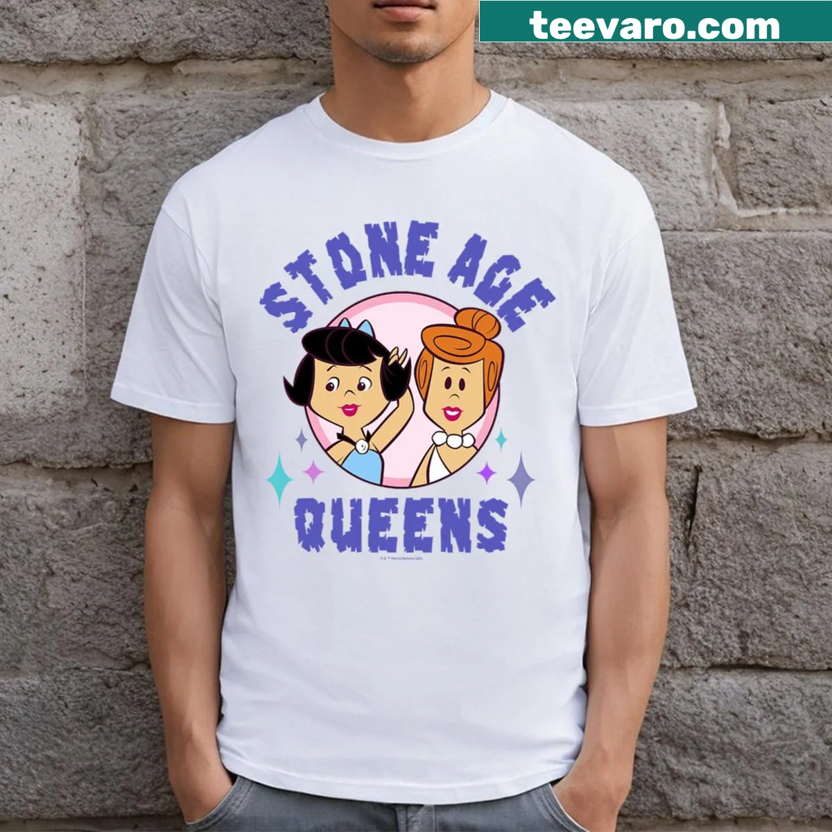 Retro cartoon T-shirt featuring Wilma and Betty from The Flintstones — on a men's t-shirt