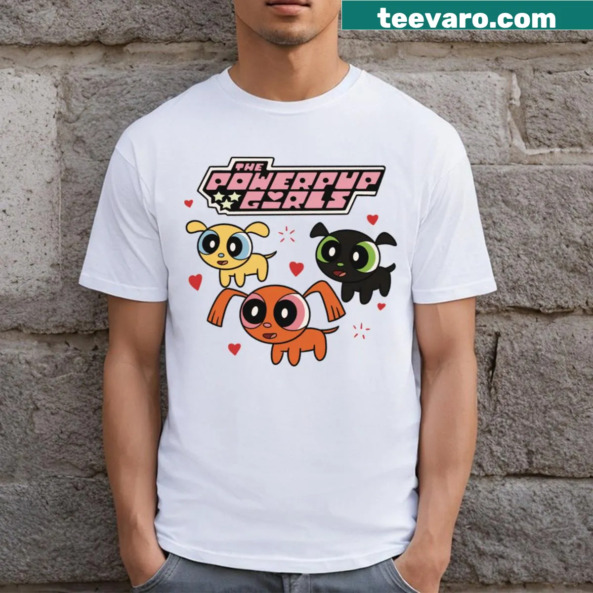 Cartoon design featuring adorable dog characters inspired by Powerpuff Girls — on a men's t-shirt
