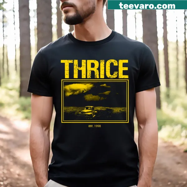 Minimalist typography T-shirt with the words 'Thrice Hurricane 2'