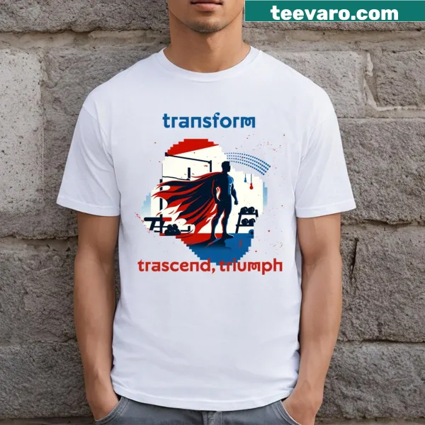 Typography t-shirt featuring the words Transform, Transcend, and Triumph