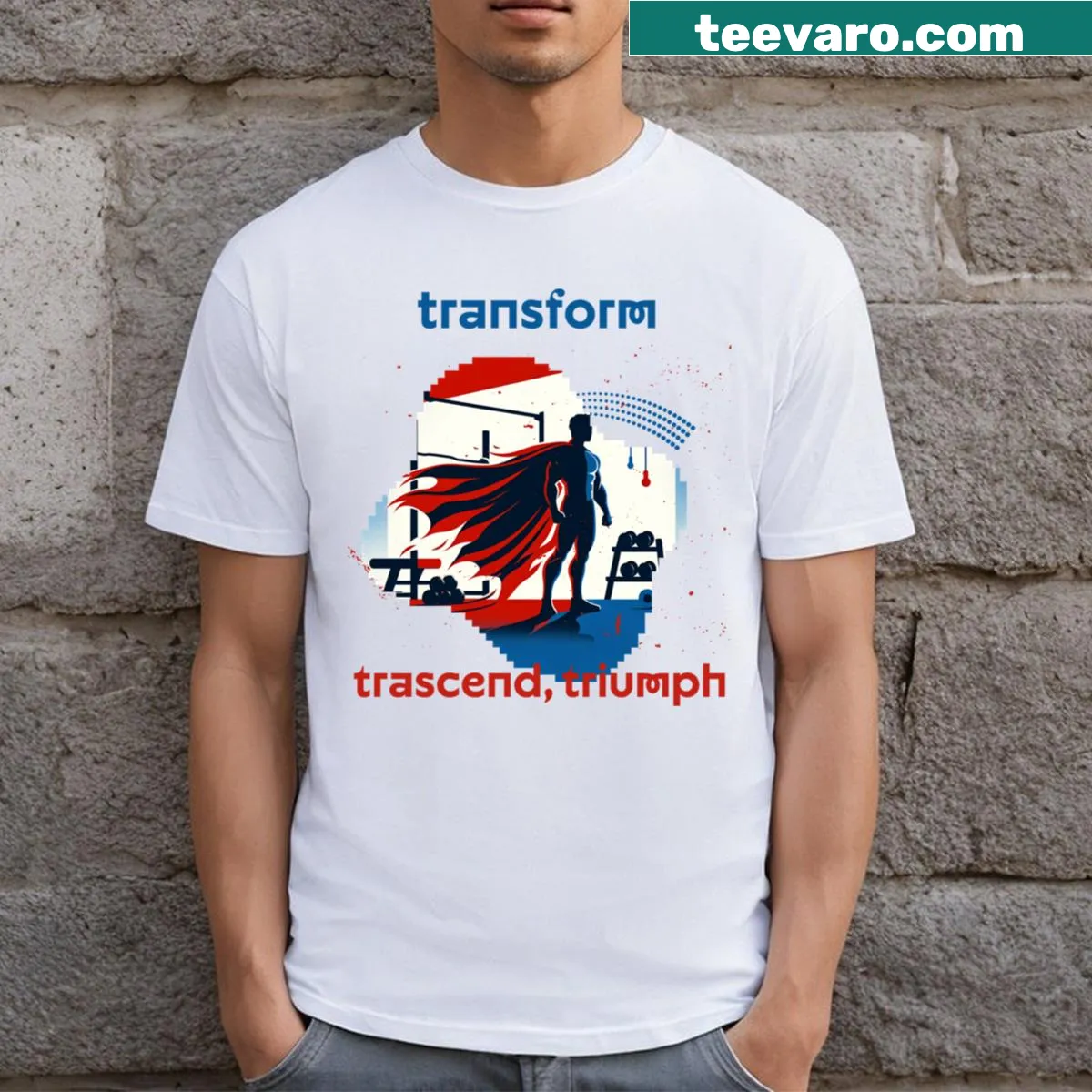 Typography t-shirt featuring the words Transform, Transcend, and Triumph — on a men's t-shirt