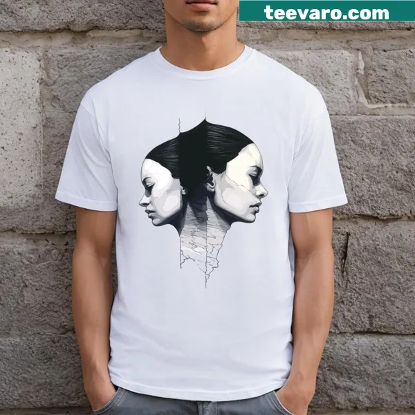 Conceptual art T-shirt featuring two opposite women faces in abstract design