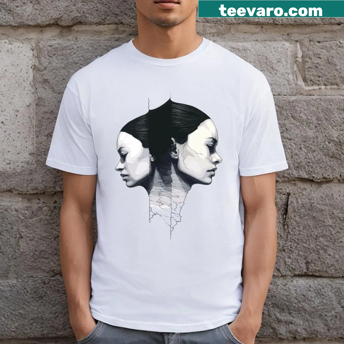 Conceptual art T-shirt featuring two opposite women faces in abstract design — on a men's t-shirt